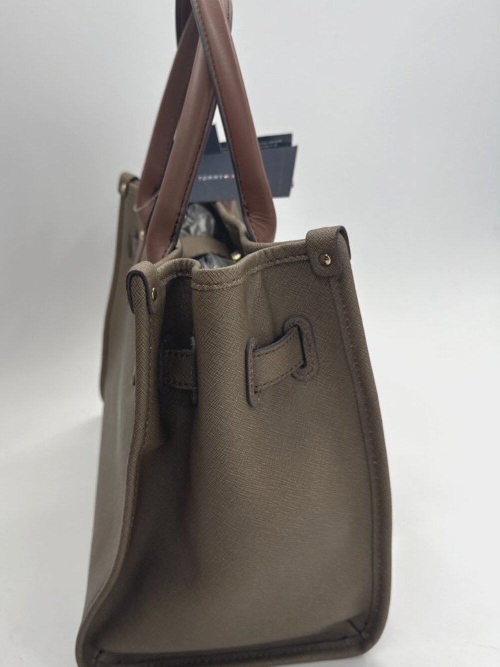 Tommy Hilfiger Shopper Tote Shoulder Bag Olive Green Tan Canvas Purse Strap NEW - Picture 14 of 15
